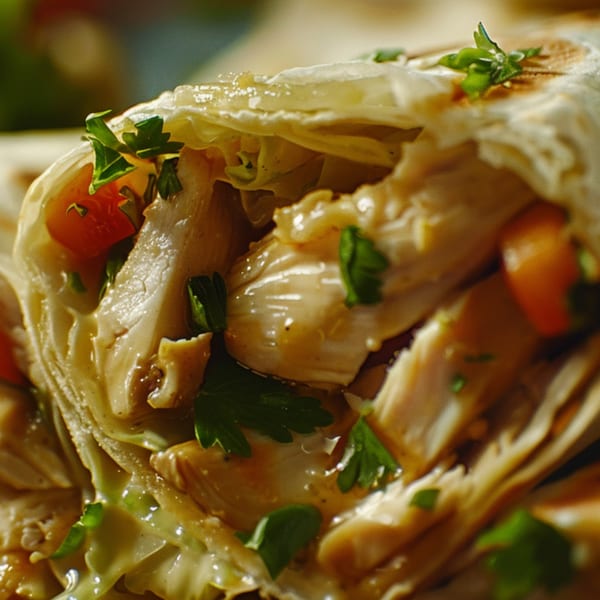 Close-up of a chicken shawarma wrap from Sandwich Planet, filled with meat, tomatoes, and parsley.