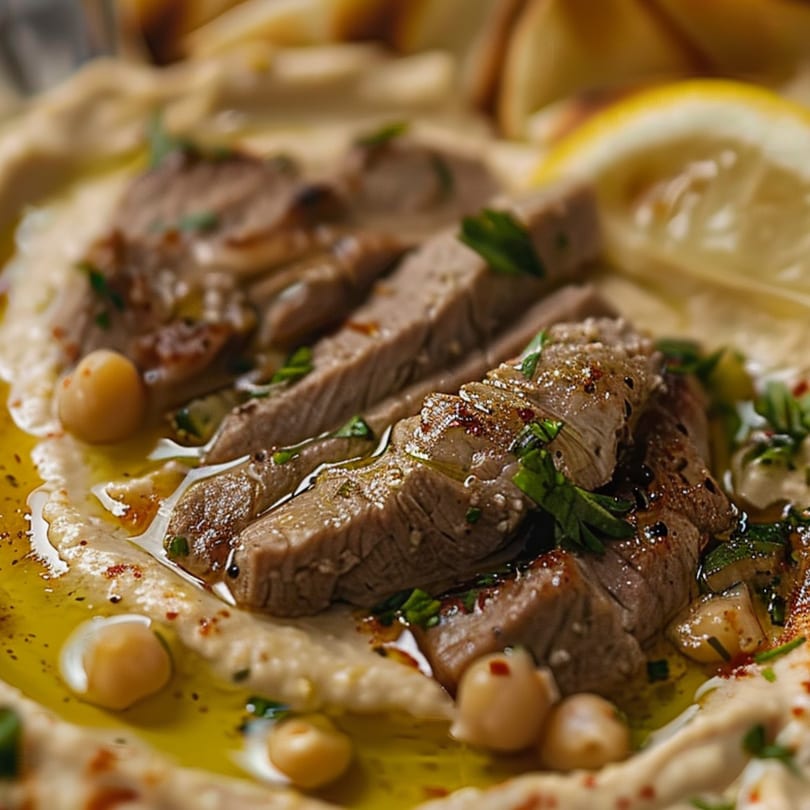 Sliced grilled meat with chickpeas, parsley, and olive oil on a bed of hummus, garnished with a lemon slice.