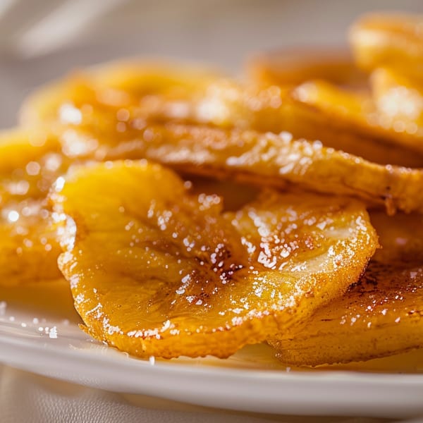 Close-up of golden-brown fried banana slices dusted with powdered sugar on a white plate.
